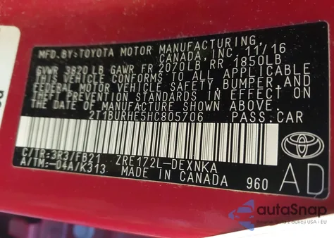 2017 Toyota Corolla Le из США, поврежденный, VIN 2T1BURHE5HC805706